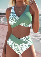 Sage Green Mid Waisted Surplice Leaf Print Bikini Set | thumb picture 