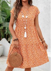 Orange Ditsy Floral Print Shirred Short Sleeve Dress | thumb picture 