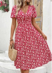 Red Ditsy Floral Print Smocked Short Sleeve Dress