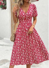 Red Ditsy Floral Print Smocked Short Sleeve Dress | thumb picture 