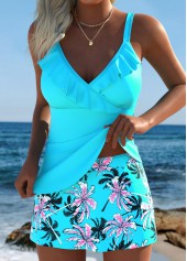 Cyan Mid Waisted Tropical Plants Print Tankini Set