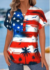 Red American Flag Print Tummy Coverage Short Sleeve Blouse
