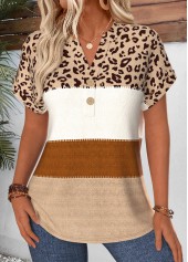 Light Coffee Leopard Tummy Coverage Short Sleeve Blouse