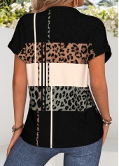 Black Leopard Patchwork Short Sleeve V Neck Blouse | thumb picture 