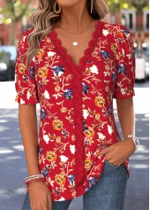 Red Floral Print Lace Trim Short Sleeve Blouse