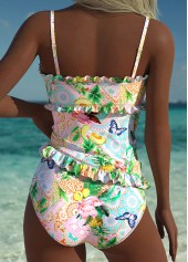 Pink Mid Waisted Frill Patchwork Tankini Set | thumb picture 