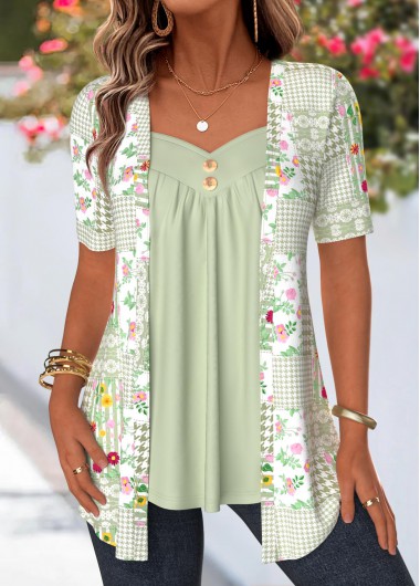 women clothes image of Sage Green Floral Print Fake Two Piece Twinset