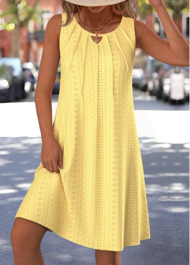 women clothes image of Yellow Sleeveless Hollow Jacquard Round Neck Dress