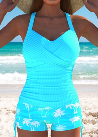women clothes image of Criss Cross Mid Waisted Tropical Plants Print Tankini Set