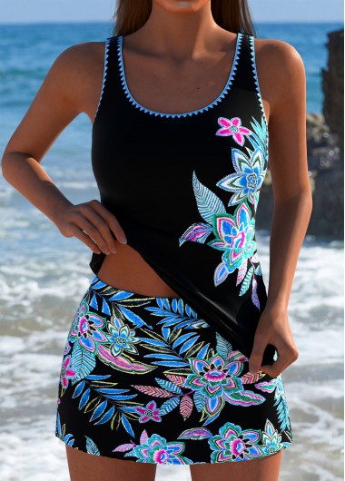 women clothes image of Mid Waisted Random Floral Print Black Tankini Set