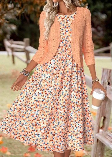 women clothes image of Orange Ditsy Floral Print Long Sleeve Dress and Cardigan