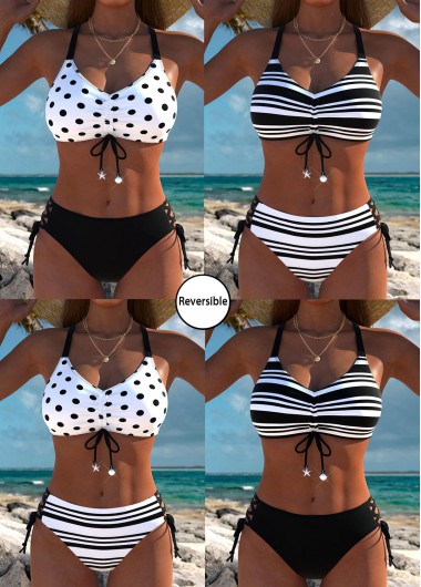 women clothes image of Mid Waisted Reversible Striped Black Bikini Set