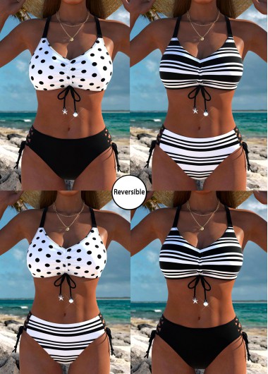 women clothes image of Mid Waisted Reversible Striped Black Bikini Set