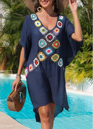women clothes image of Weave/braid V Neck Navy Cover Up
