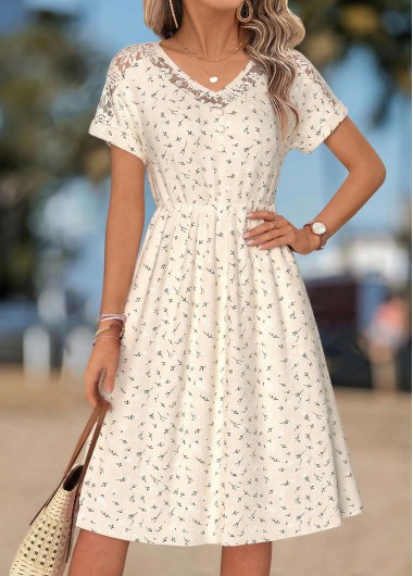 women clothes image of Beige Leaf Print Patchwork Short Sleeve V Neck Dress