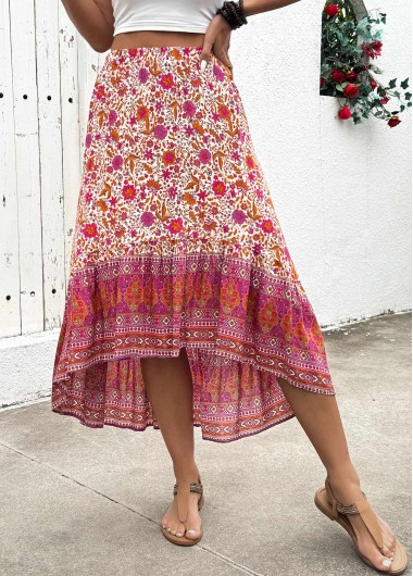 women clothes image of Hot Pink Floral Print A Line Elastic Waist Skirt