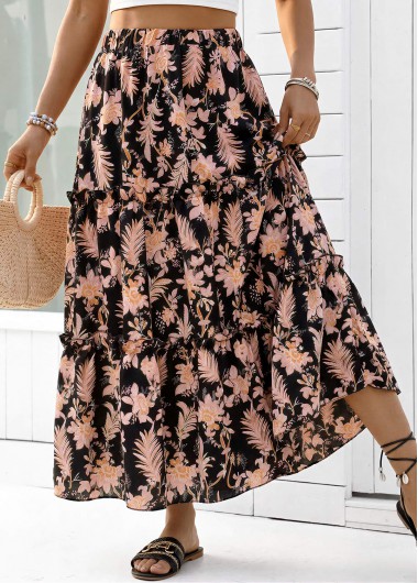 women clothes image of Black Floral Print A Line Elastic Waist Maxi Skirt