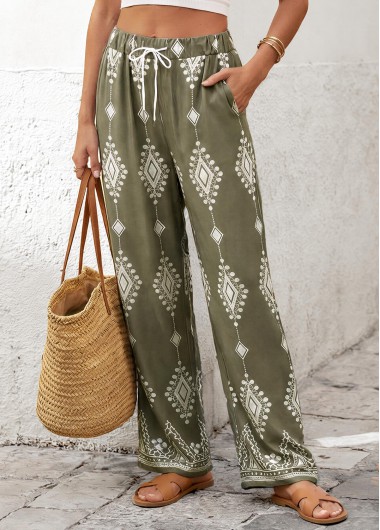 women clothes image of Olive Green Tribal Print Straight Leg Elastic Waist Pants
