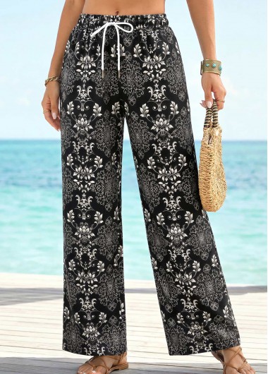 women clothes image of Black Tribal Print Straight Leg Drawastring High Waisted Pants