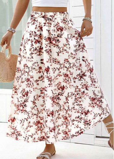 women clothes image of White Floral Print A Line Elastic Waist Maxi Skirt