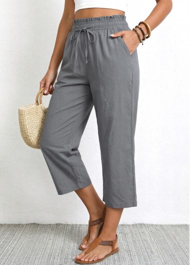 women clothes image of Grey Straight Leg Elastic Waist High Waisted Pants