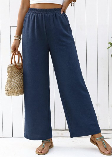 women clothes image of Navy Straight Leg Elastic Waist High Waisted Pants