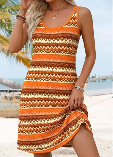 women clothes image of Orange Striped Short Cut Out Strappy Scoop Neck Dress