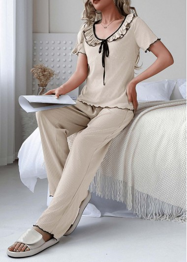 women clothes image of Beige Short Sleeve Scoop Neck Lounge Top and Pants