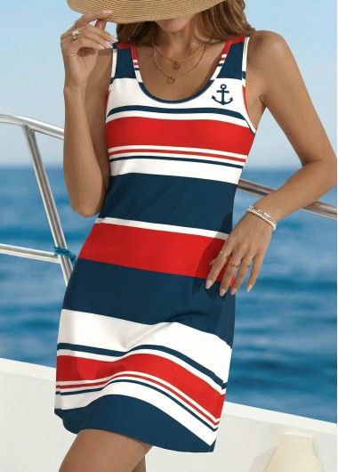 women clothes image of Multi Color Striped Short Tummy Coverage Sleeveless Dress