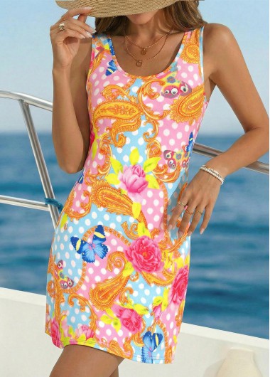 women clothes image of Pink Paisley Print Short Tummy Coverage Sleeveless Dress