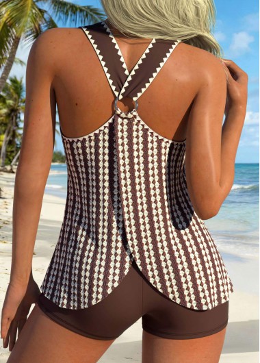 women clothes image of Dark Coffee Mid Waisted Circular Ring Tankini Set