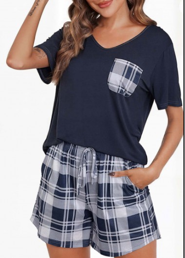 women clothes image of Navy Plaid Short Sleeve Lounge Top and Shorts
