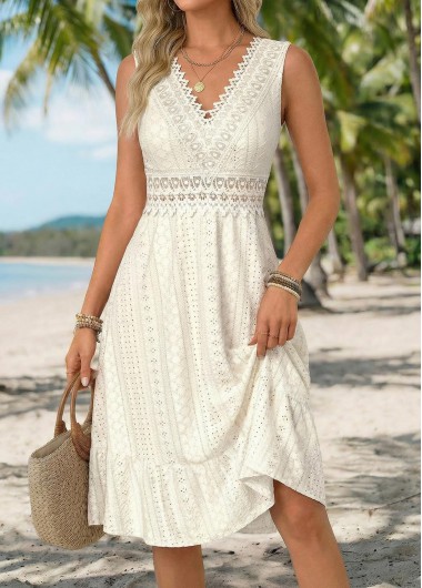 women clothes image of Beige Shirred Sleeveless V Neck Dress