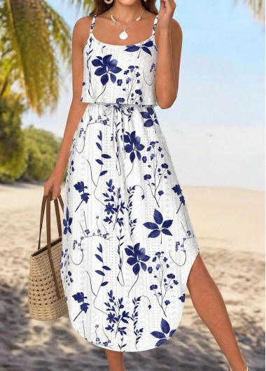 women clothes image of White Leaf Print Bowknot Strappy Round Neck Dress
