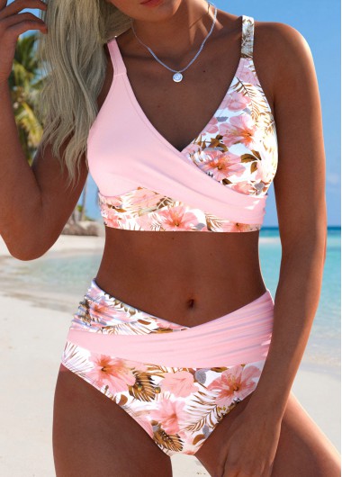 women clothes image of Light Pink Mid Waisted Surplice Bikini Set