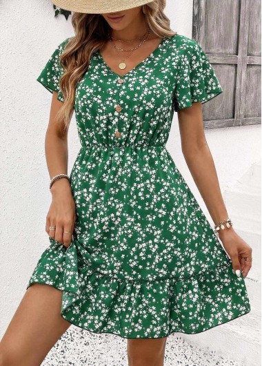 women clothes image of Green Ditsy Floral Print Short Curved Hem Dress