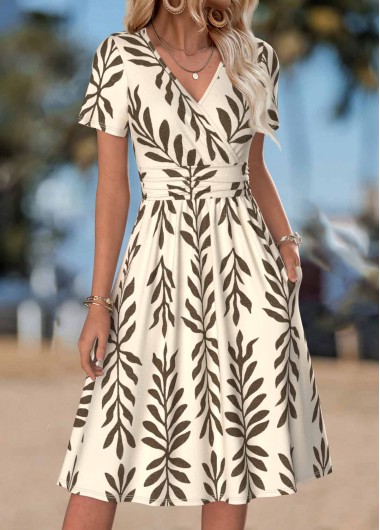 women clothes image of Beige Leaf Print Double Side Pockets Sleeveless Dress