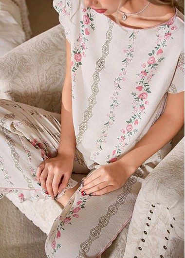 women clothes image of Beige Floral Print Short Sleeve Lounge Top and Pants