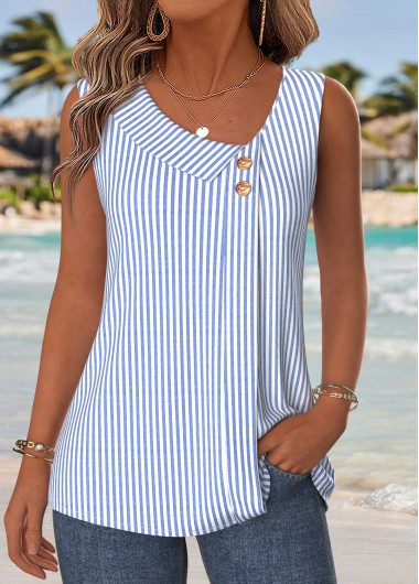 Blue Striped Patchwork Sleeveless Asymmetrical Neck Tank Top