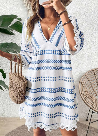 women clothes image of White Striped Short Patchwork 3/4 Sleeve V Neck Dress