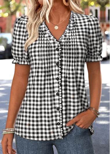 women clothes image of Black Plaid Tummy Coverage Short Sleeve V Neck Blouse