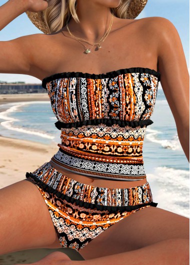 women clothes image of Orange Mid Waisted Patchwork Tribal Print Tankini Set