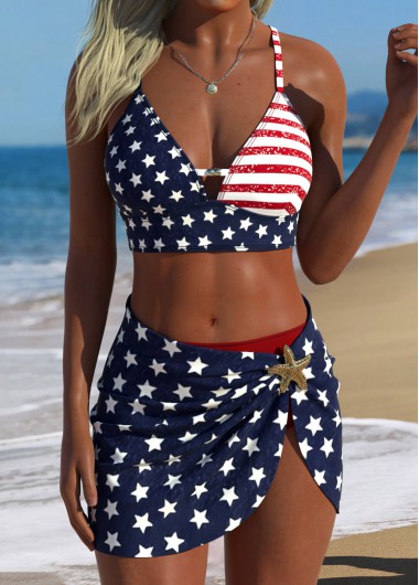 women clothes image of Multi Color Mid Waisted Three-piece Flag Print Bikini Set
