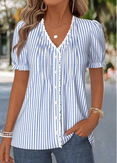 women clothes image of Dusty Blue Striped Frill Short Sleeve T Shirt