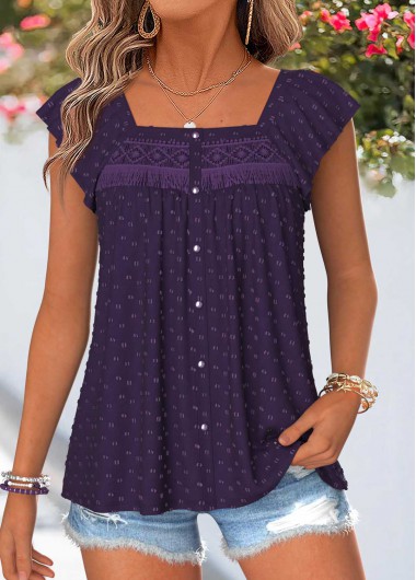 women clothes image of Purple Curved Hem Short Sleeve Square Neck Tank Top