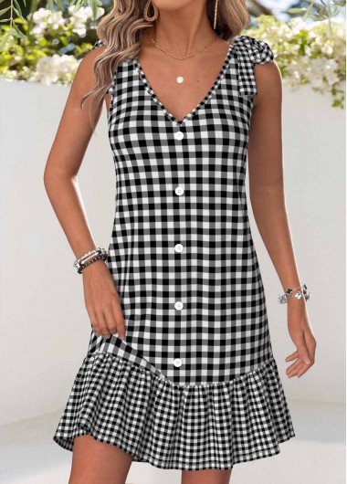 women clothes image of Black Plaid Short Patchwork Strappy V Neck Dress