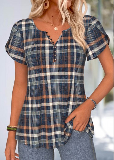 women clothes image of Navy Plaid Curved Hem Short Sleeve T Shirt