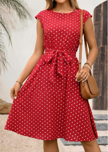 women clothes image of Red Polka Dot Short Belted Belted Round Neck Dress