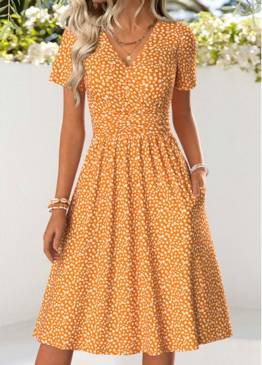 women clothes image of Orange Ditsy Floral Print Double Side Pockets Dress
