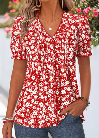 women clothes image of Red Ditsy Floral Print Frill Short Sleeve T Shirt